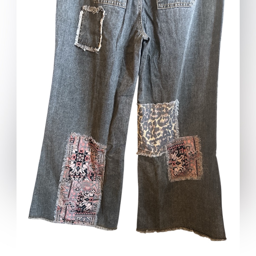POL Studded Patch Jeans Size Large Charcoal Gray High Rise Button Fly Wide Leg - Picture 9 of 15